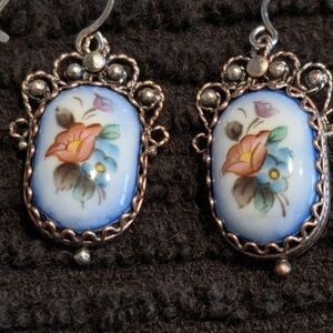 Floral Porcelain Earrings with Silver Accents
